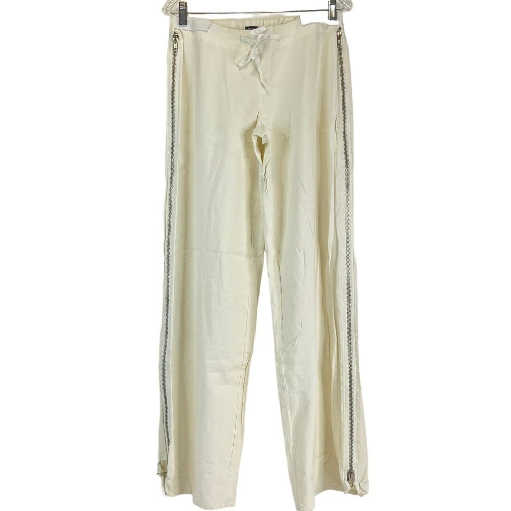 Aziz Pants Women's 33" Ivory Drawstring Front Side Zipper Heavy Linen Blend Nwot - Picture 2 of 13